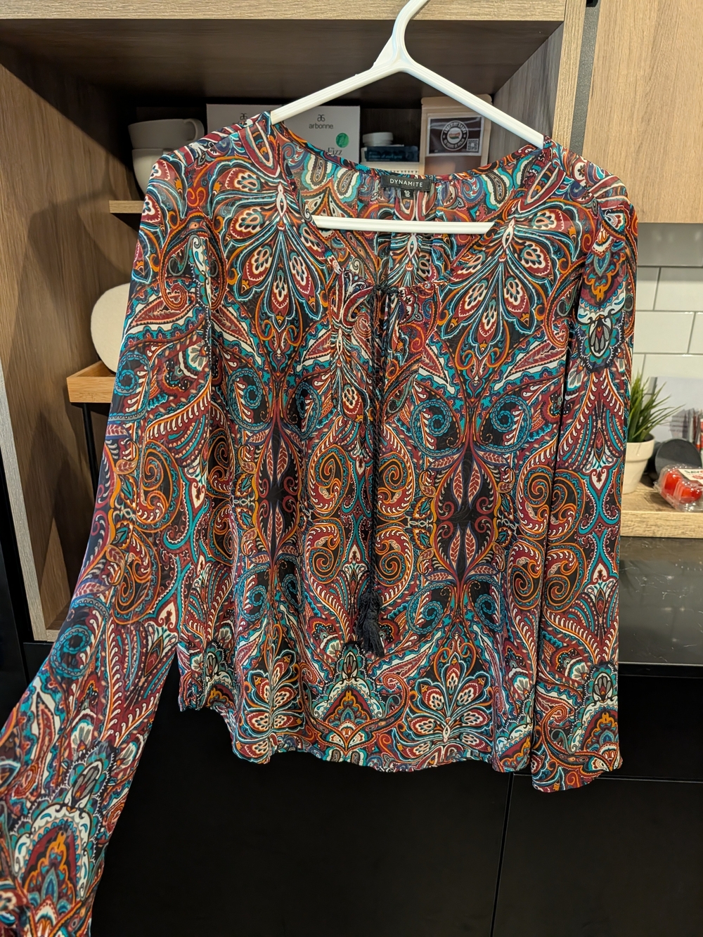 Dynamite Multicolor Paisley Tie-Front Blouse — Teal, Rust, Navy